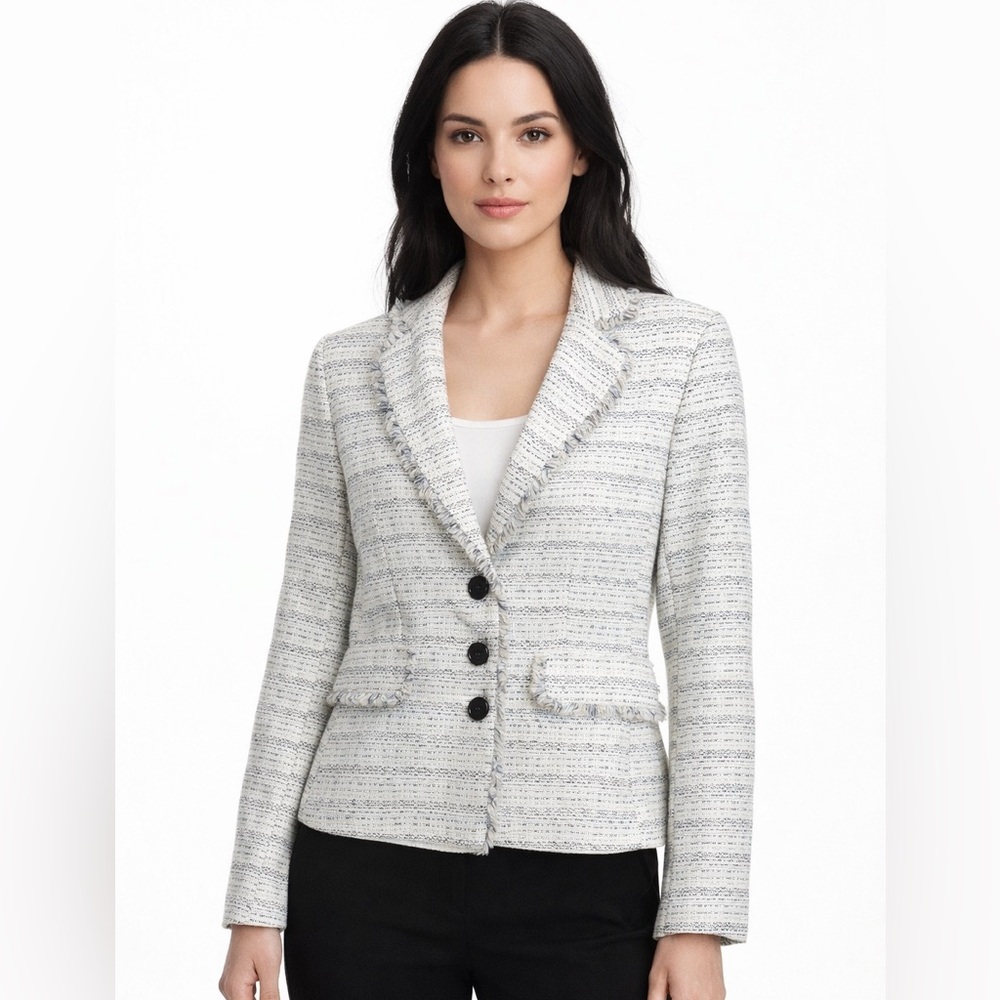 Karl Lagerfeld Blazer Women's Size 4 Tweed Fringe Business Office Green‎ White